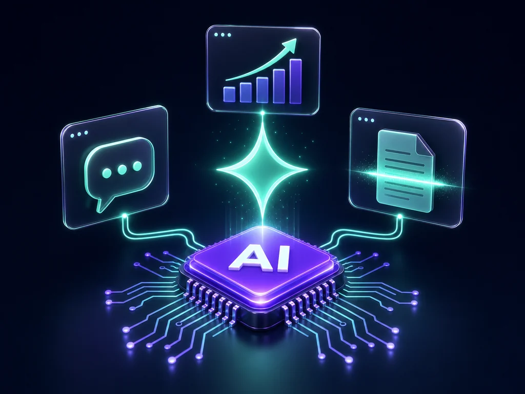 An AI chip at the center, powering a chat assistant, document processing and business forecasting
