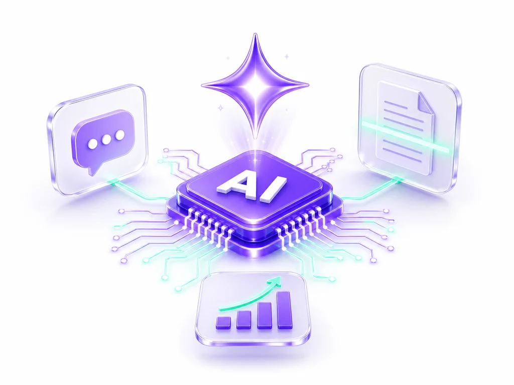 An AI chip at the center, powering a chat assistant, document processing and business forecasting